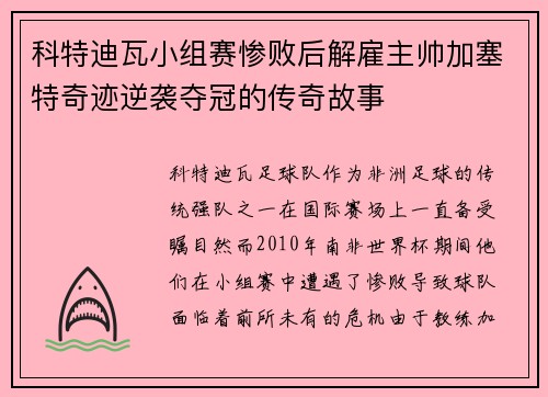 科特迪瓦小组赛惨败后解雇主帅加塞特奇迹逆袭夺冠的传奇故事